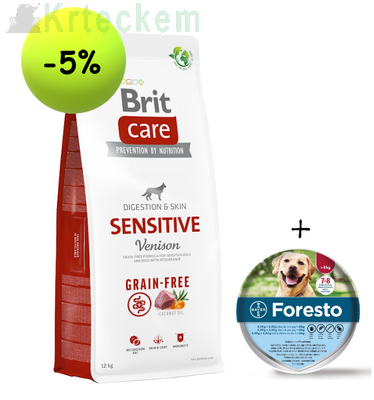 BRIT CARE Grain-free Sensitive Venison 12kg + Foresto obojek pro psy nad 8 kg 70 cm