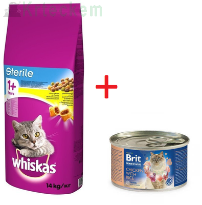 Whiskas Adult Sterile kuře 14 kg + BRIT Premium By Nature Cat Chicken & Rice 200g