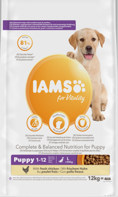 IAMS-Suché krmivo pro Vitality pro štěňata velkých plemen s čerstvým kuřecím masem pro štěňata velkých plemen 12 kg