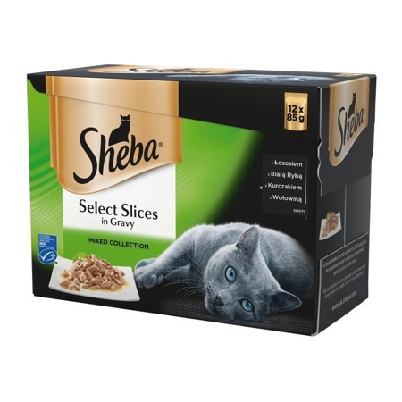 SHEBA sáček 12x85g Select Slices in Gravy - vlhké krmivo pro kočky v omáčce (s lososem, s bílou rybou, s kuřecím masem, s hovězím masem).