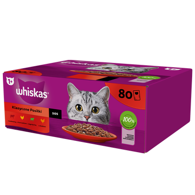 WHISKAS Adult sáčky 80 x 85 g Classic Meals - vlhké krmivo pro dospělé kočky, v omáčce (kousky s: hovězím, kuřecím, jehněčím, drůbežím)